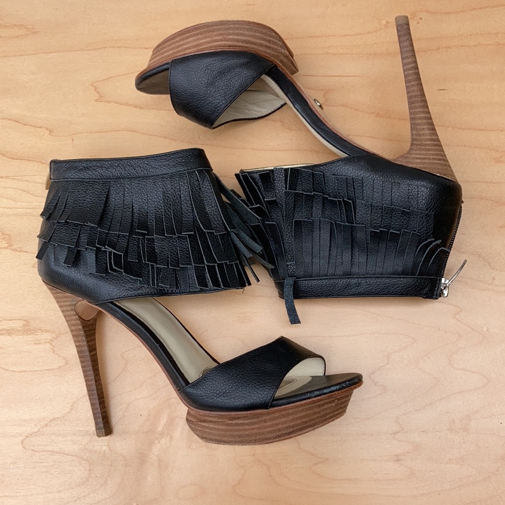 VELVET ANGELS Queen Black Leather Fringe Heel Shoes Size EU 38.5